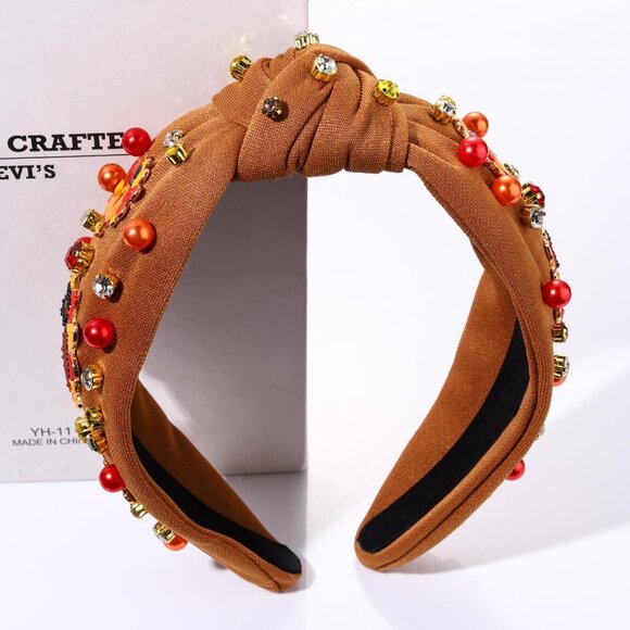 Beaded Turkey Fall Pearl Rhinestone Knotted Thanksgiving Headband for Women\'s main image 5